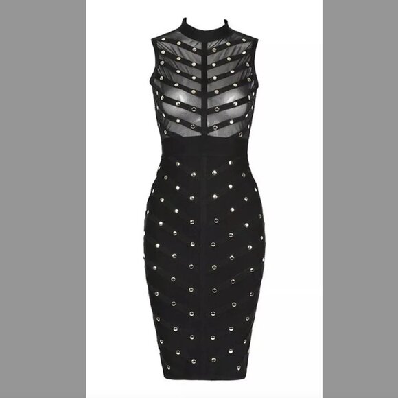 NWT Black Bandage Bodycon Sheer Mesh Mini Dress with Gold Studs - Picture 2 of 11